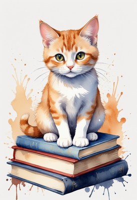 Orange tabby kitten sitting on books