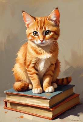 Orange kitten sitting on books