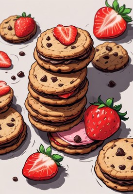 Stacked chocolate chip cookies with strawberries