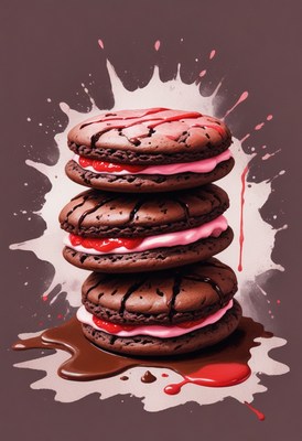 Chocolate macarons with raspberry filling and drizzle