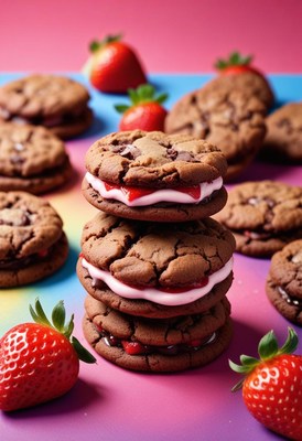 Chocolate chip cookie sandwiches with strawberries
