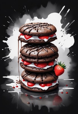 Chocolate macarons with strawberries and drizzled chocolate