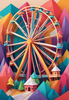 Colorful ferris wheel in geometric landscape