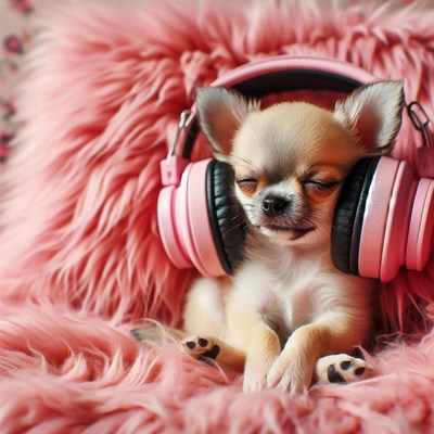 Chihuahua relaxing with headphones on pink fur