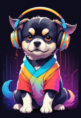 Cute puppy wearing headphones