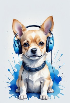 Chihuahua listening to music with headphones