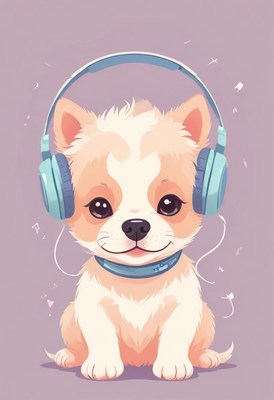 Cute puppy listening to music