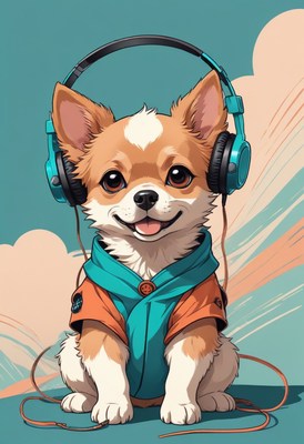 Cute puppy wearing headphones