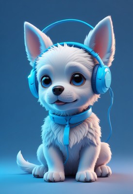 White puppy wearing headphones