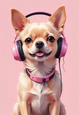 Chihuahua listening to music with pink headphones