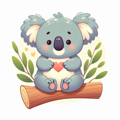 Koala holding heart on branch