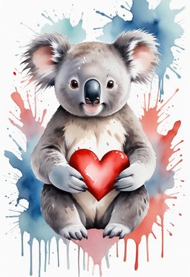 Koala holding red heart watercolor illustration