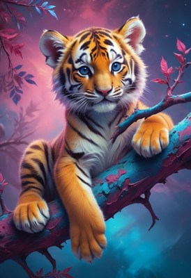 Tiger cub resting on branch