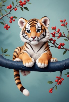 Tiger cub on branch with red berries
