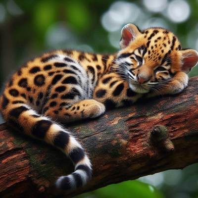 Ocelot kitten sleeping on branch
