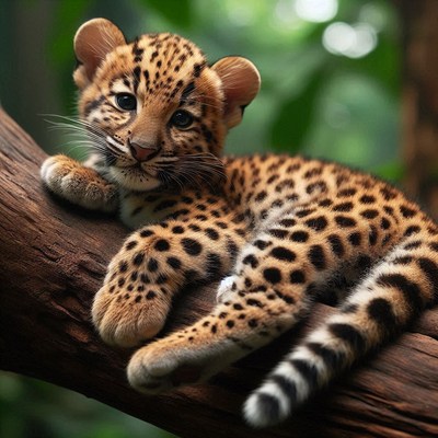 Leopard cub resting on branch
