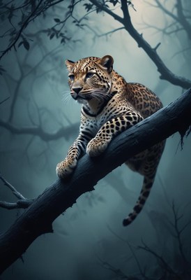 Leopard perched on branch in misty forest