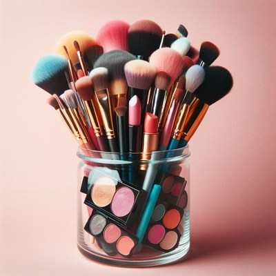 Makeup brushes and palettes in a jar