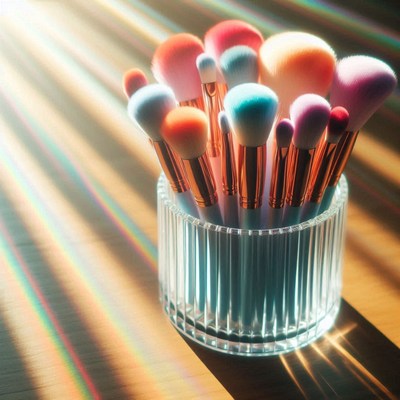 Colorful makeup brushes in glass holder