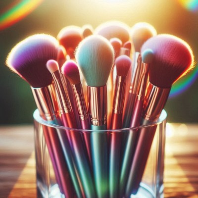 Colorful makeup brushes in glass jar