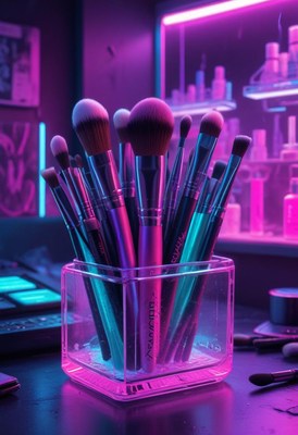Makeup brushes in neon light