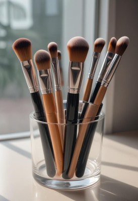 Makeup brushes in glass holder