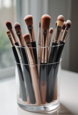 Makeup brushes in glass holder
