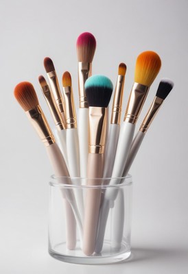 Makeup brushes in glass jar