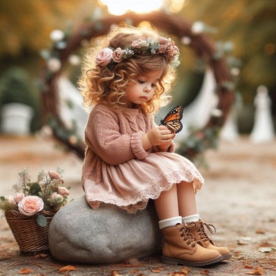 Girl holding butterfly on rock
