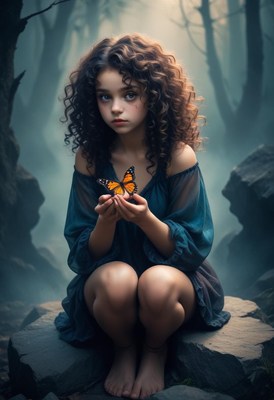 Young girl holding butterfly in forest
