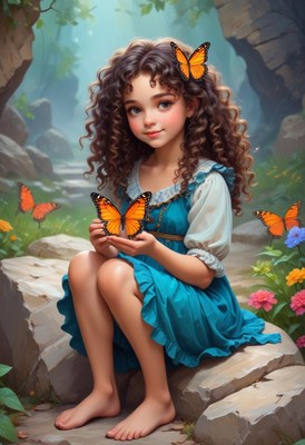 Girl holding butterfly in forest