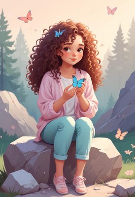 Girl holding butterfly in forest