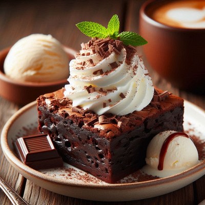 Chocolate brownie with whipped cream