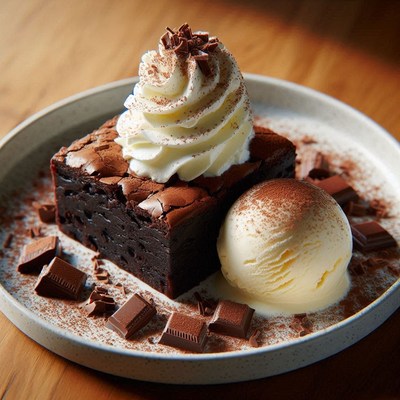 Chocolate brownie with whipped cream and ice cream