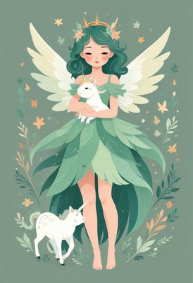 Fairy with unicorns in a green forest
