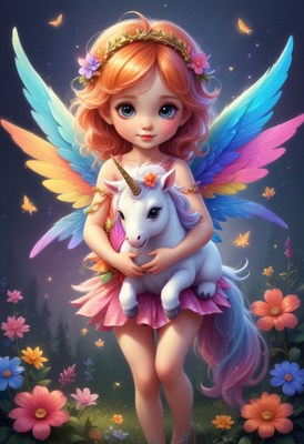 Fairy holding unicorn in flower garden
