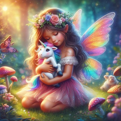 Fairy with unicorn in forest