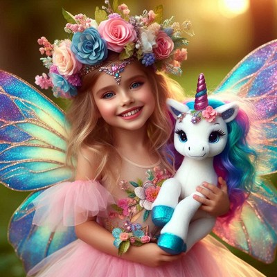 Young girl with fairy wings and unicorn