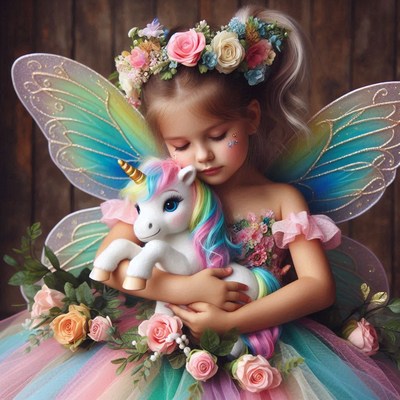 Girl with wings holding unicorn