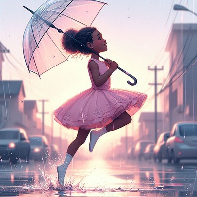 Girl jumping in rain with umbrella