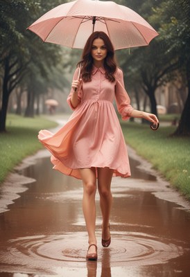 Woman walking in rain with pink umbrella