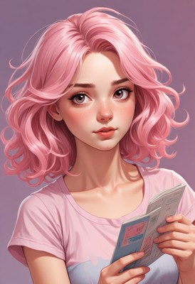 Pink-haired girl holding a book