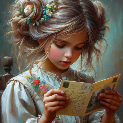 Young girl reading postcard
