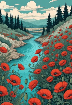 River valley with poppies