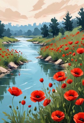 Riverbank poppy field