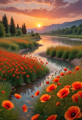 Sunset over river with poppies