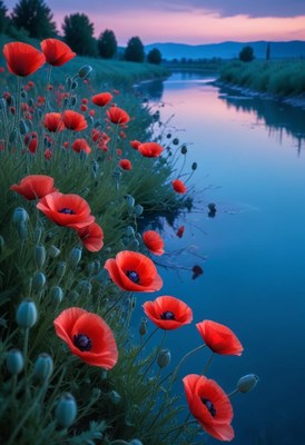 Poppies blooming by a river at dusk