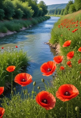 Poppies blooming by a river