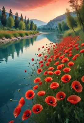 Sunset river with poppies
