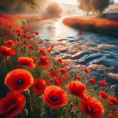 Poppy field river at sunset